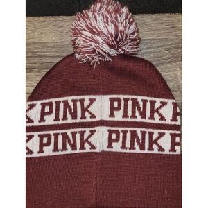 VICTORIA‎ SECRET PINK WOMENS POM BEANIE MAROON WHITE